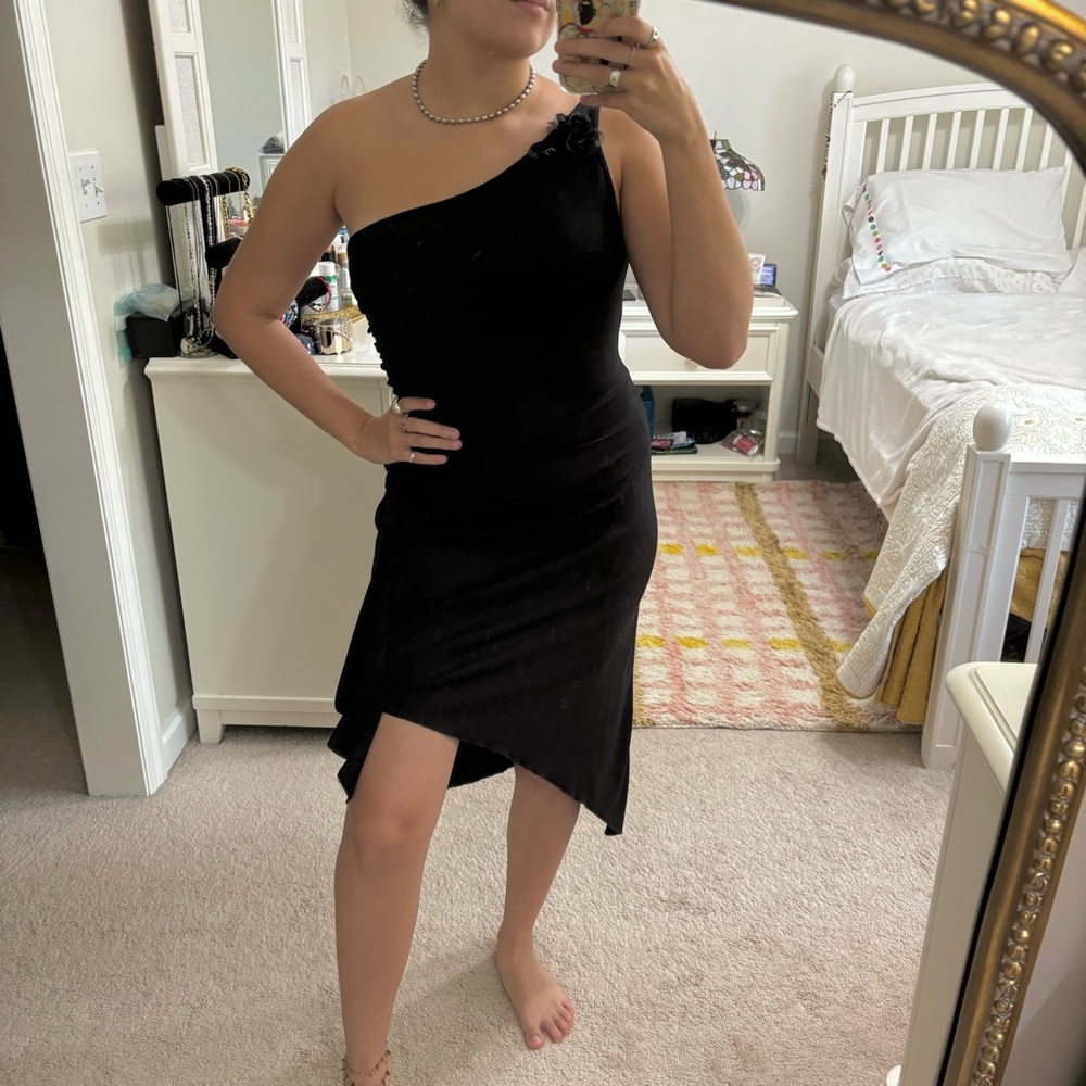 Vintage 90’s Ruby Rox Dress M One Shoulder Asymmetrical Ruched Sparkly Black